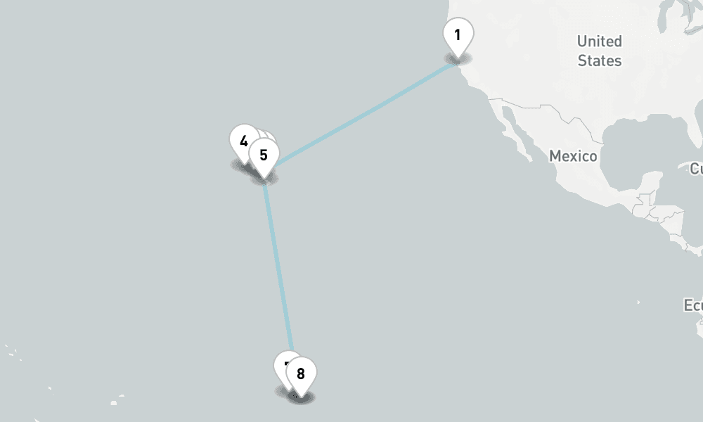 18 nights / 19 days, one-way from San Francisco (California) to Papeete (Tahiti Island, French Polynesia)