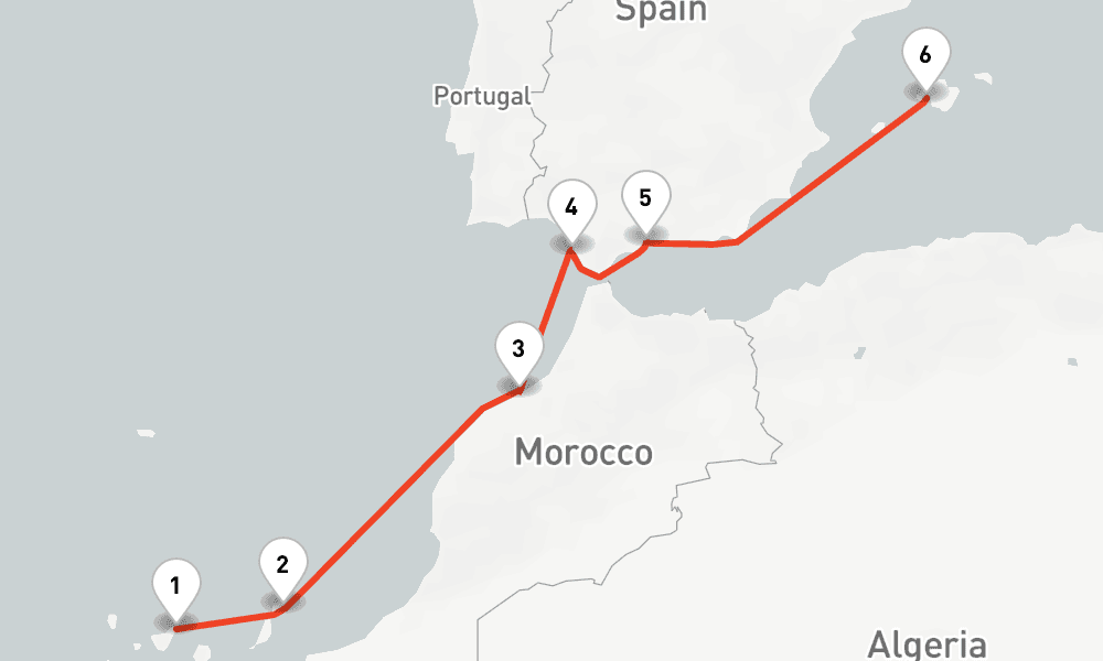 7 nights / 8 days, one-way from Santa Cruz de Tenerife (Canary Islands) to Palma de Mallorca (Majorca Island, Spain)