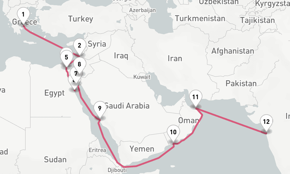 20 nights / 21 days, one-way from Piraeus (Athens, Greece) to Mumbai (Bombay, India)