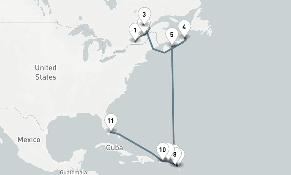 16 nights / 17 days, one-way from Montreal (Quebec, Canada) to Miami (Florida)