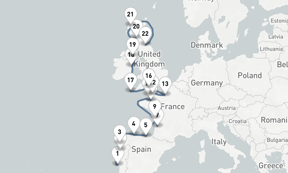 25 nights / 26 days, one-way from Lisbon to Edinburgh (Leith, Scotland)