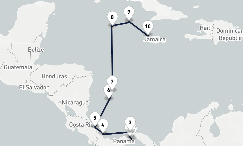 14 nights / 15 days, one-way from Panama City (Fuerte Amador, Balboa) to Montego Bay