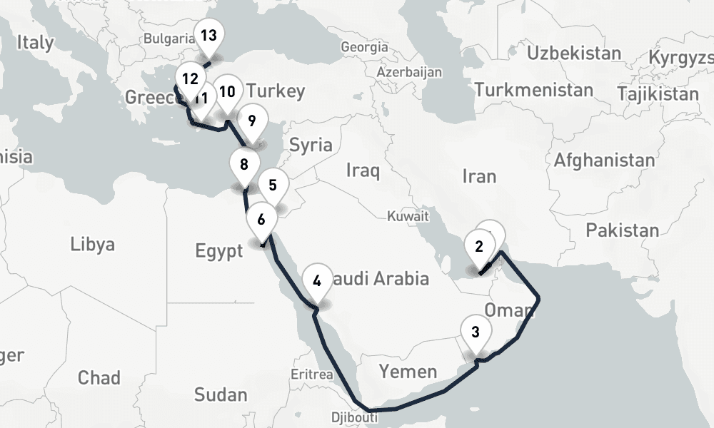 21 nights / 22 days, one-way from Dubai (Port Rashid, UAE) to Istanbul