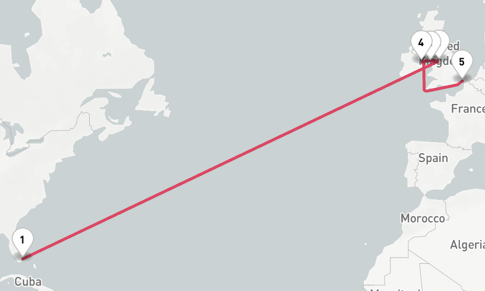 14 nights / 15 days, one-way from Miami (Florida) to Dover (England)