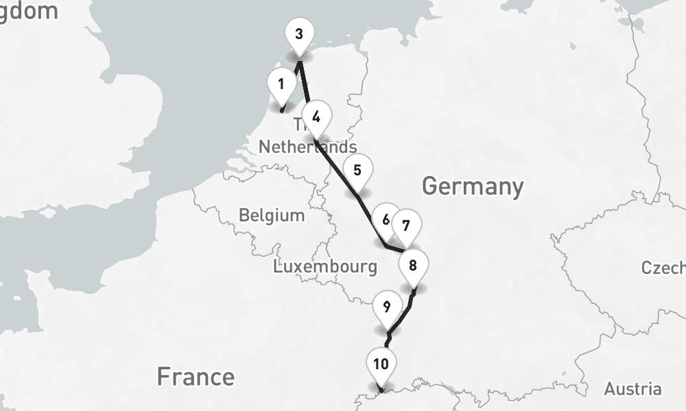 10 nights / 11 days, one-way from Amsterdam (Holland) to Basel
