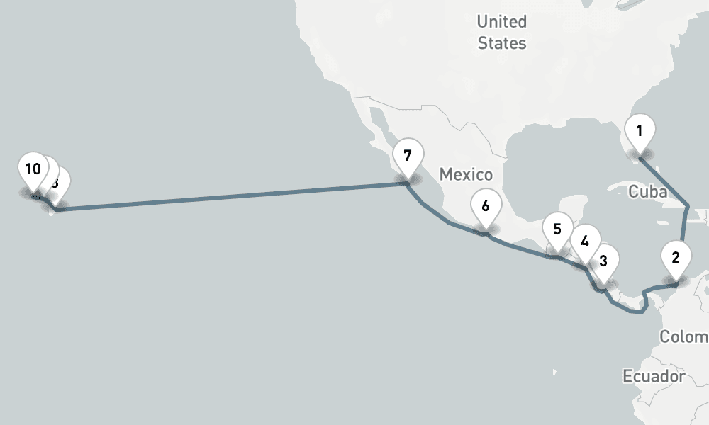 21 nights / 22 days, one-way from Miami (Florida) to Honolulu (Oahu Island, Hawaii)