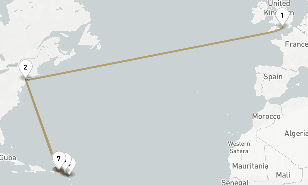 19 nights / 20 days, one-way from Southampton (England) to New York (Cape Liberty NYC)