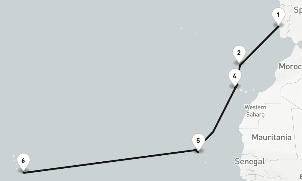 13 nights / 14 days, one-way from Lisbon to Bridgetown (Barbados)