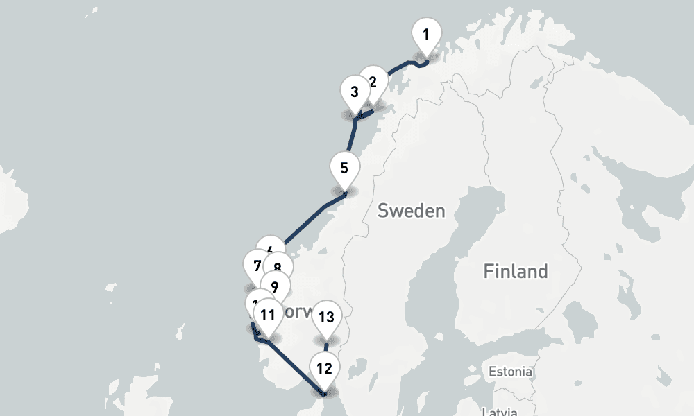 11 nights / 12 days, one-way from Tromso to Oslo
