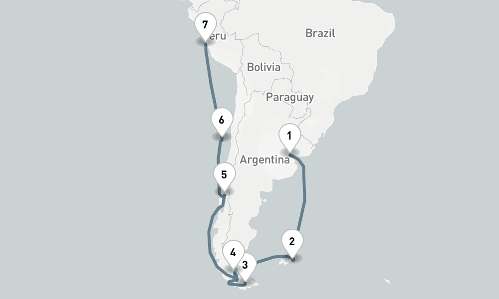 18 nights / 19 days, one-way from Buenos Aires to Callao (Lima, Peru)