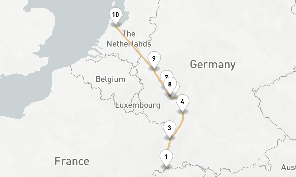 6 nights / 7 days, one-way from Basel to Amsterdam (Holland)