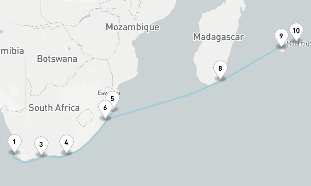 15 nights / 16 days, one-way from Cape Town to Port Louis (Mauritius Island)