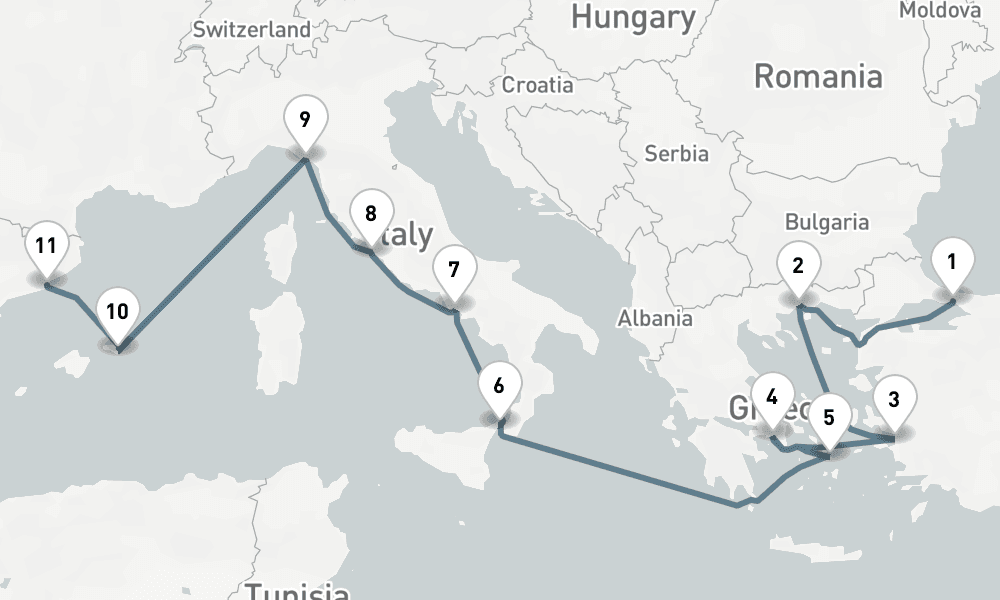 12 nights / 13 days, one-way from Istanbul to Barcelona