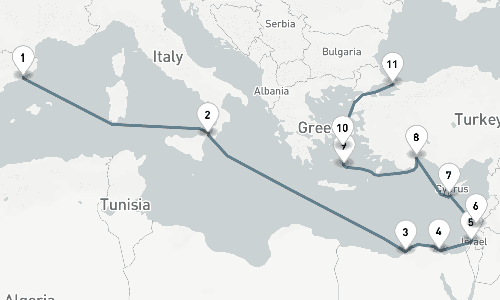 14 nights / 15 days, one-way from Barcelona to Istanbul