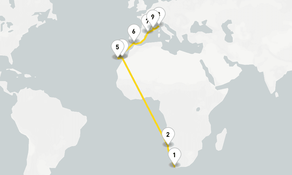 20 nights / 21 days, one-way from Cape Town to Marseille