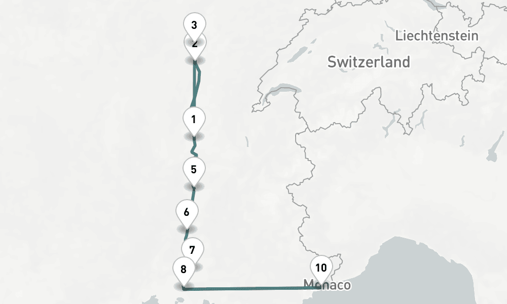 10 nights / 11 days, one-way from Lyon to Villefranche-sur-Mer (Nice, France Riviera)