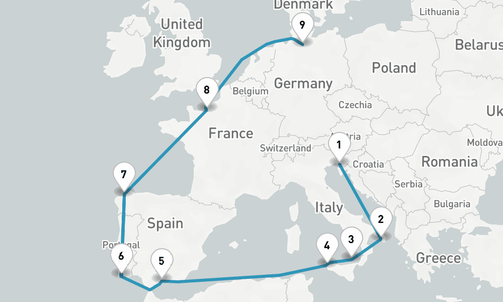 14 nights / 15 days, one-way from Trieste to Hamburg