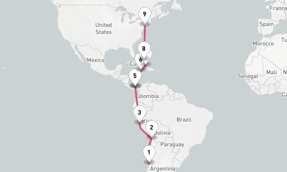 19 nights / 20 days, one-way from Valparaiso (Santiago, Chile) to New York (Cape Liberty NYC)