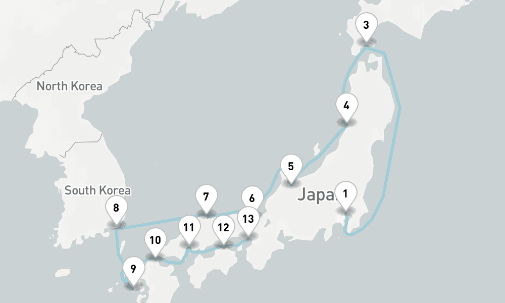 14 nights / 15 days, one-way from Tokyo to Kobe (Osaka-Kyoto, Japan)