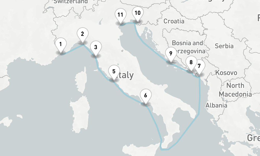 11 nights / 12 days, one-way from Monte Carlo (Monaco, France Riviera) to Venice