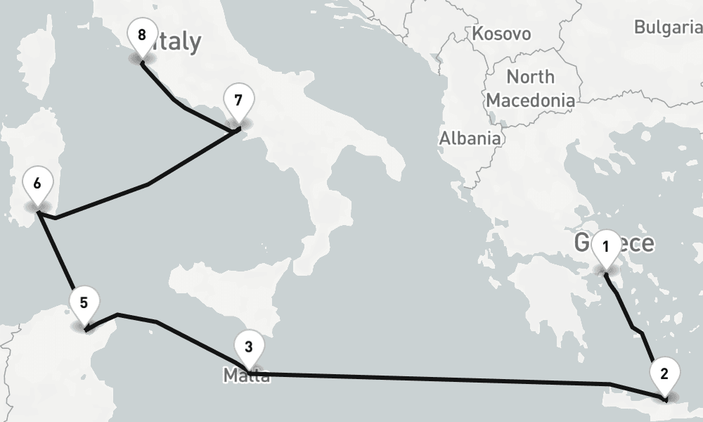 9 nights / 10 days, one-way from Piraeus (Athens, Greece) to Civitavecchia (Rome, Italy)