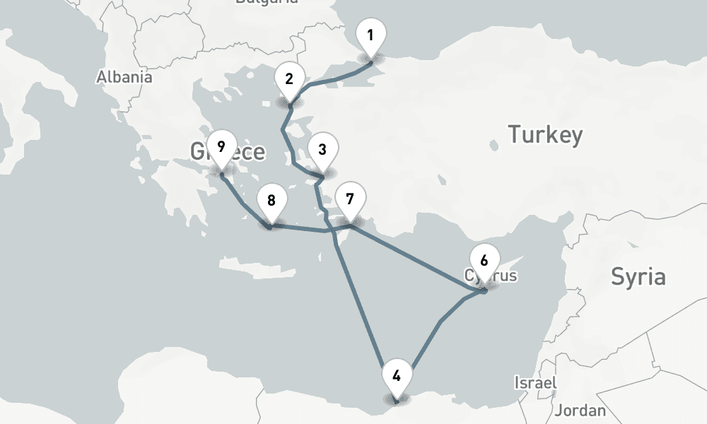10 nights / 11 days, one-way from Istanbul to Piraeus (Athens, Greece)