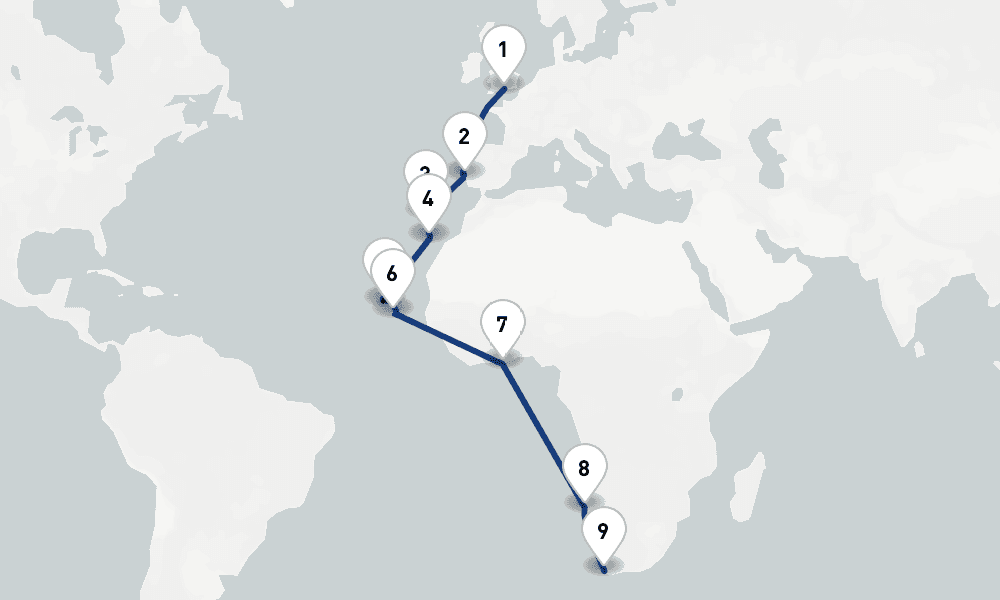 22 nights / 23 days, one-way from Southampton (England) to Cape Town