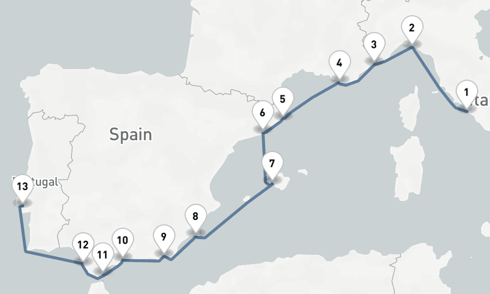 13 nights / 14 days, one-way from Civitavecchia (Rome, Italy) to Lisbon