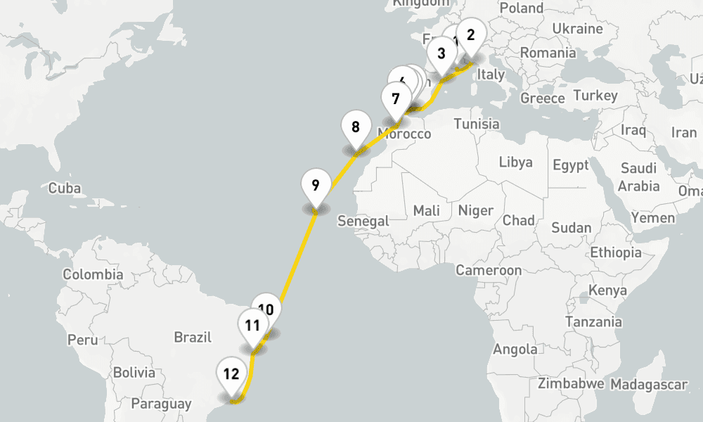 20 nights / 21 days, one-way from Marseille to Rio de Janeiro