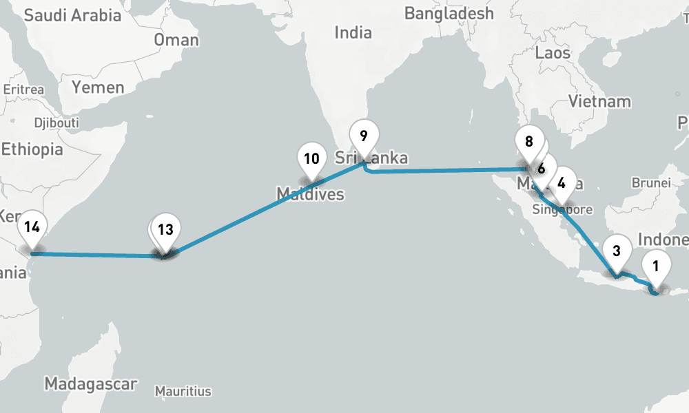 26 nights / 27 days, one-way from Benoa (Bali, Indonesia) to Mombasa