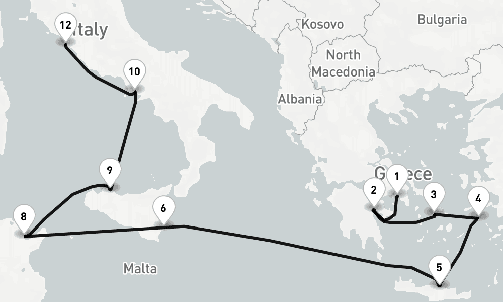 12 nights / 13 days, one-way from Piraeus (Athens, Greece) to Civitavecchia (Rome, Italy)