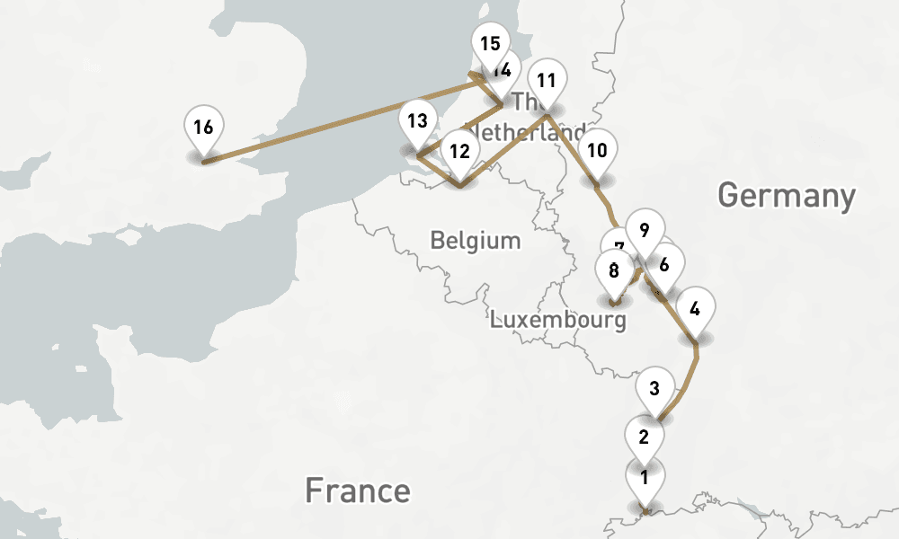 17 nights / 18 days, one-way from Basel to Greenwich (London, England)