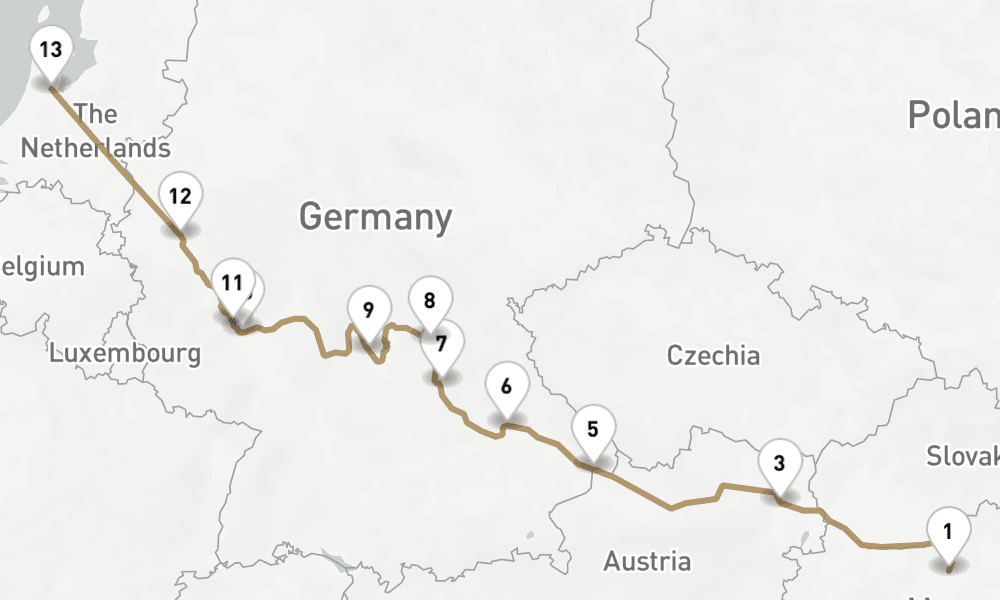 14 nights / 15 days, one-way from Budapest to Amsterdam (Holland)