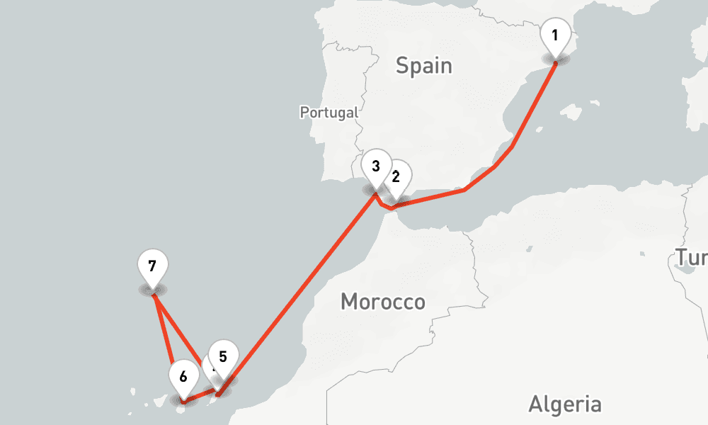 12 nights / 13 days, one-way from Barcelona to Puerto del Rosario (Fuerteventura, Canary Islands)