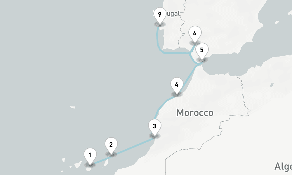 8 nights / 9 days, one-way from Las Palmas (Gran Canaria, Canary Islands) to Lisbon