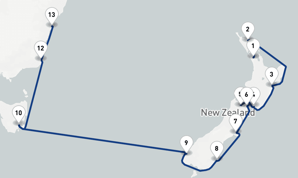 16 nights / 17 days, one-way from Auckland to Sydney (NSW, Australia)