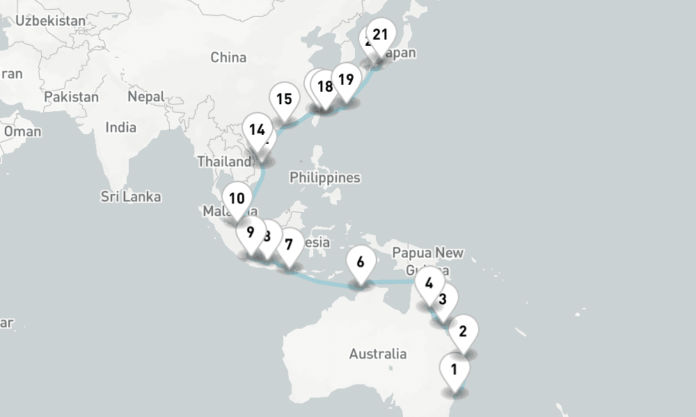 34 nights / 35 days, one-way from Sydney (NSW, Australia) to Kobe (Osaka-Kyoto, Japan)