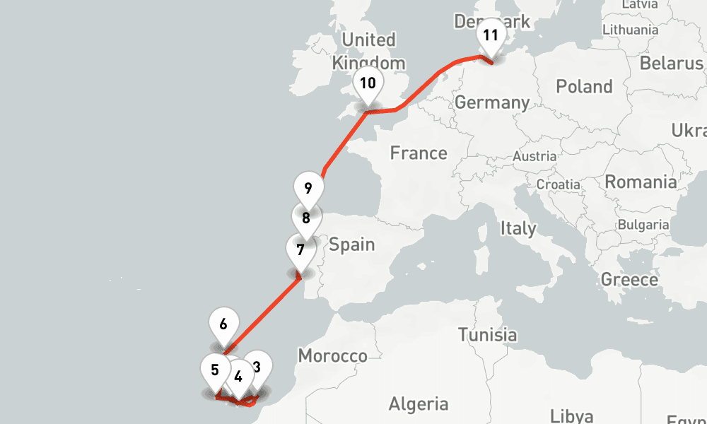 13 nights / 14 days, one-way from Santa Cruz de Tenerife (Canary Islands) to Hamburg