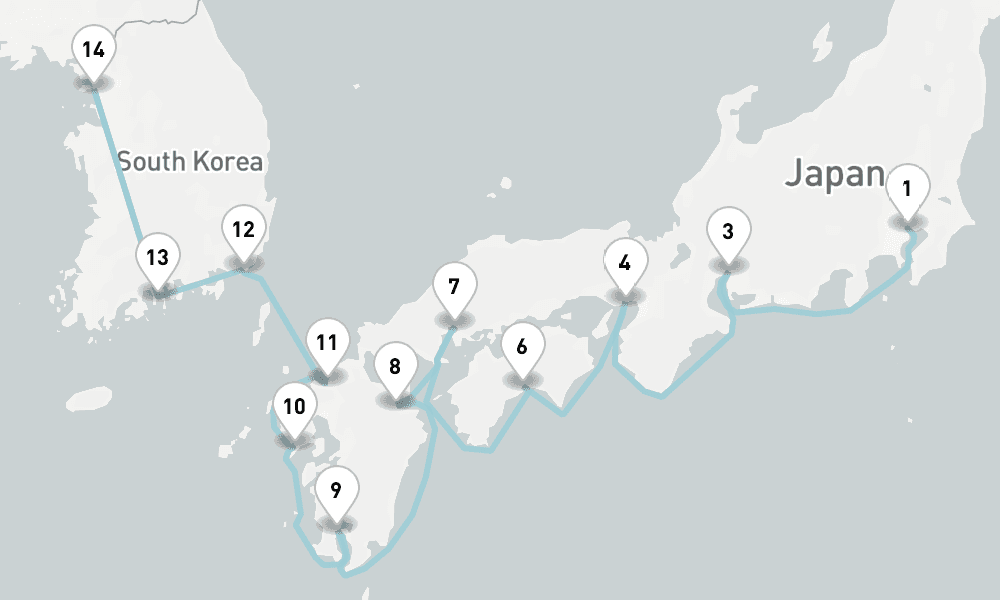 14 nights / 15 days, one-way from Tokyo to Incheon (Seoul, South Korea)