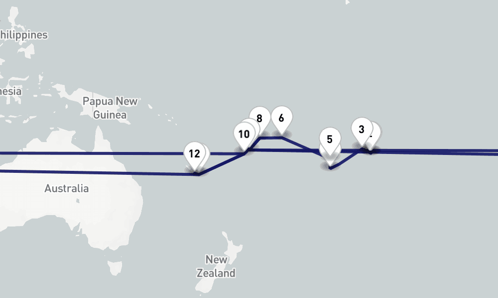 19 nights / 20 days, one-way from Papeete (Tahiti Island, French Polynesia) to Noumea (New Caledonia)