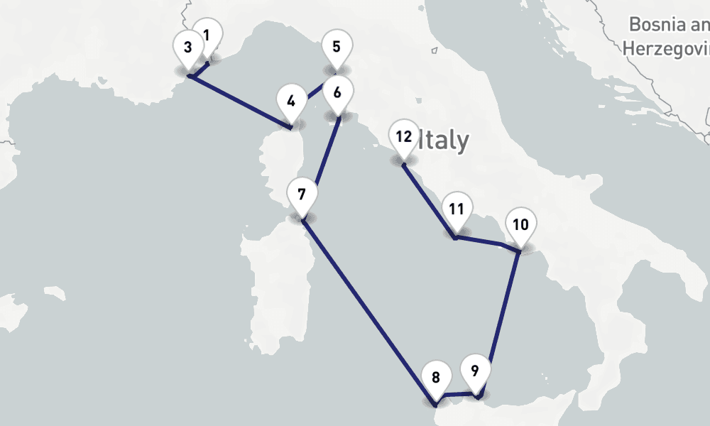 11 nights / 12 days, one-way from Monte Carlo (Monaco, France Riviera) to Civitavecchia (Rome, Italy)