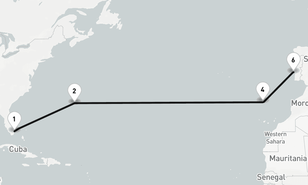 14 nights / 15 days, one-way from Fort Lauderdale (Everglades, Florida) to Lisbon