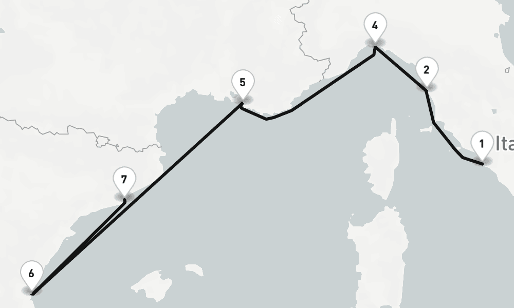 7 nights / 8 days, one-way from Civitavecchia (Rome, Italy) to Barcelona