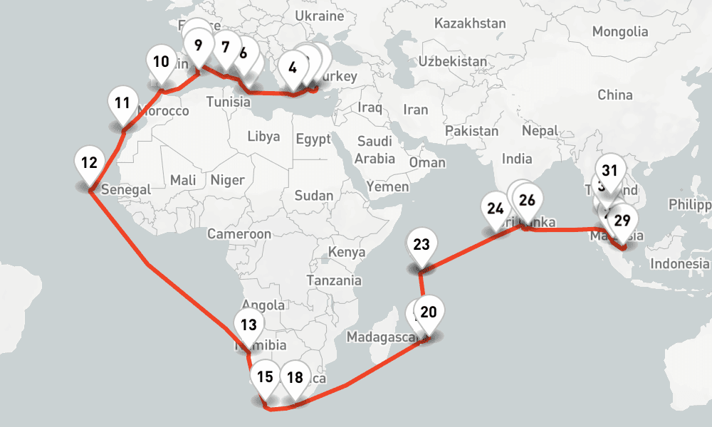 60 nights / 61 days, one-way from Antalya to Laem Chabang (Bangkok, Thailand)