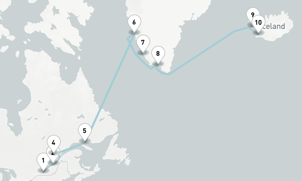 16 nights / 17 days, one-way from Montreal (Quebec, Canada) to Reykjavik