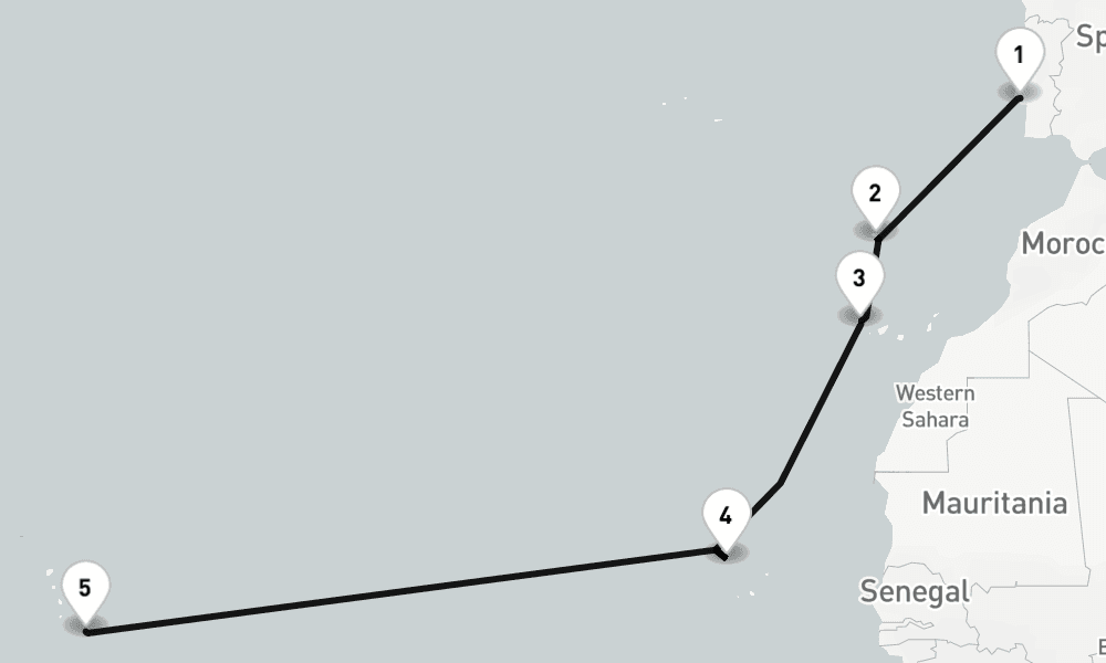 13 nights / 14 days, one-way from Lisbon to Bridgetown (Barbados)