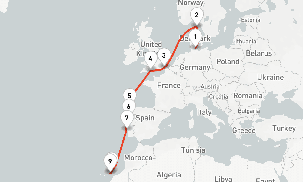 11 nights / 12 days, one-way from Kiel to Puerto del Rosario (Fuerteventura, Canary Islands)
