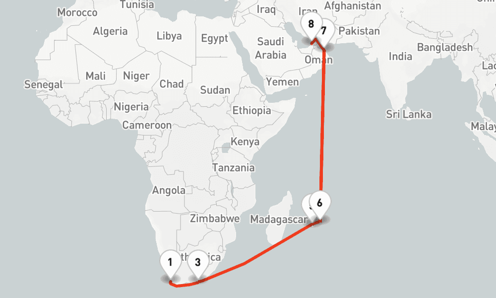 20 nights / 21 days, one-way from Cape Town to Dubai (Port Rashid, UAE)