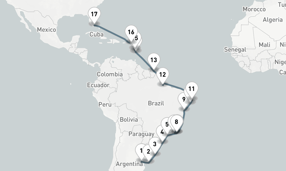24 nights / 25 days, one-way from Buenos Aires to Miami (Florida)
