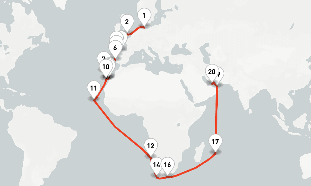 47 nights / 48 days, one-way from Hamburg to Dubai (Port Rashid, UAE)
